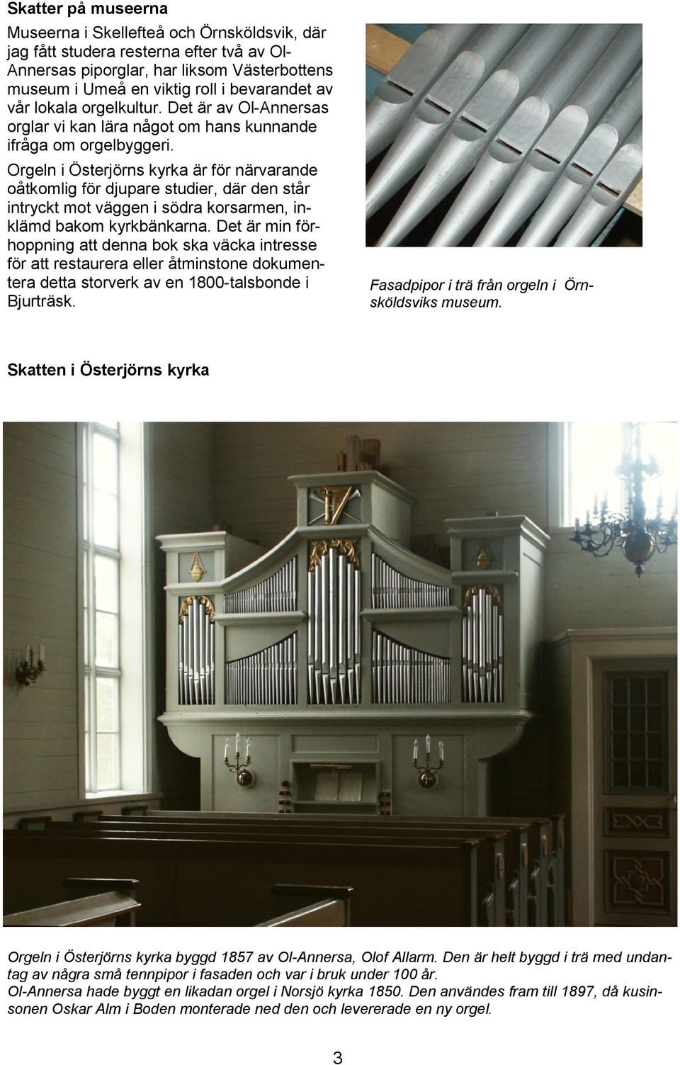 Orgeln i Österjörns kyrka är för närvarande oåtkomlig för djupare studier, där den står intryckt mot väggen i södra korsarmen, inklämd bakom kyrkbänkarna.