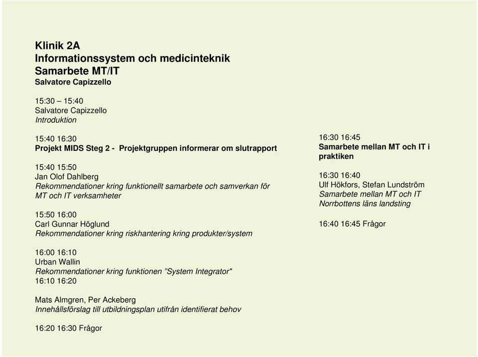 riskhantering kring produkter/system 16:30 16:45 Samarbete mellan MT och IT i praktiken 16:30 16:40 Ulf Hökfors, Stefan Lundström Samarbete mellan MT och IT Norrbottens läns landsting 16:40