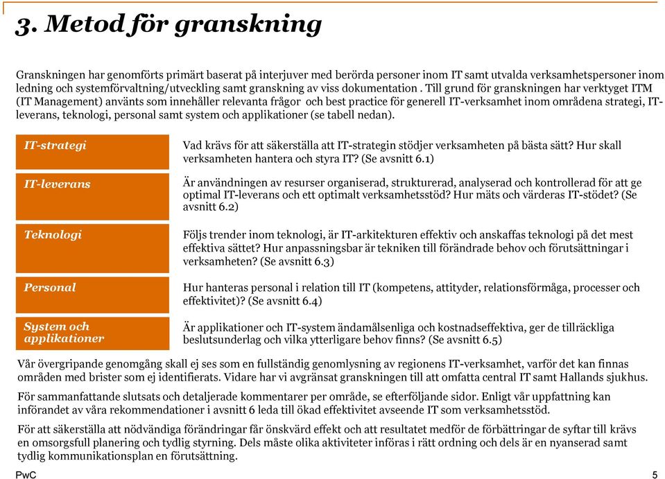 Till grund för granskningen har verktyget ITM (IT Management) använts som innehåller relevanta frågor och best practice för generell IT-verksamhet inom områdena strategi, ITleverans, teknologi,