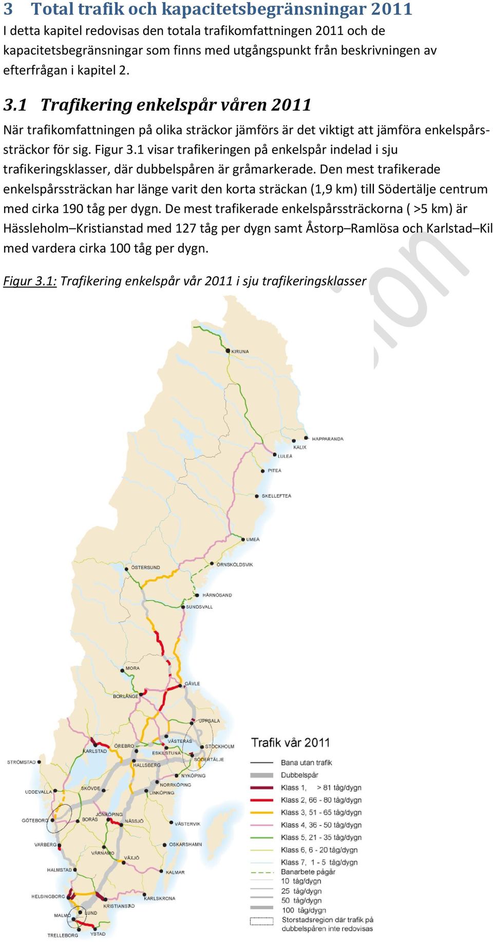 1 visar trafikeringen på enkelspår indelad i sju trafikeringsklasser, där dubbelspåren är gråmarkerade.