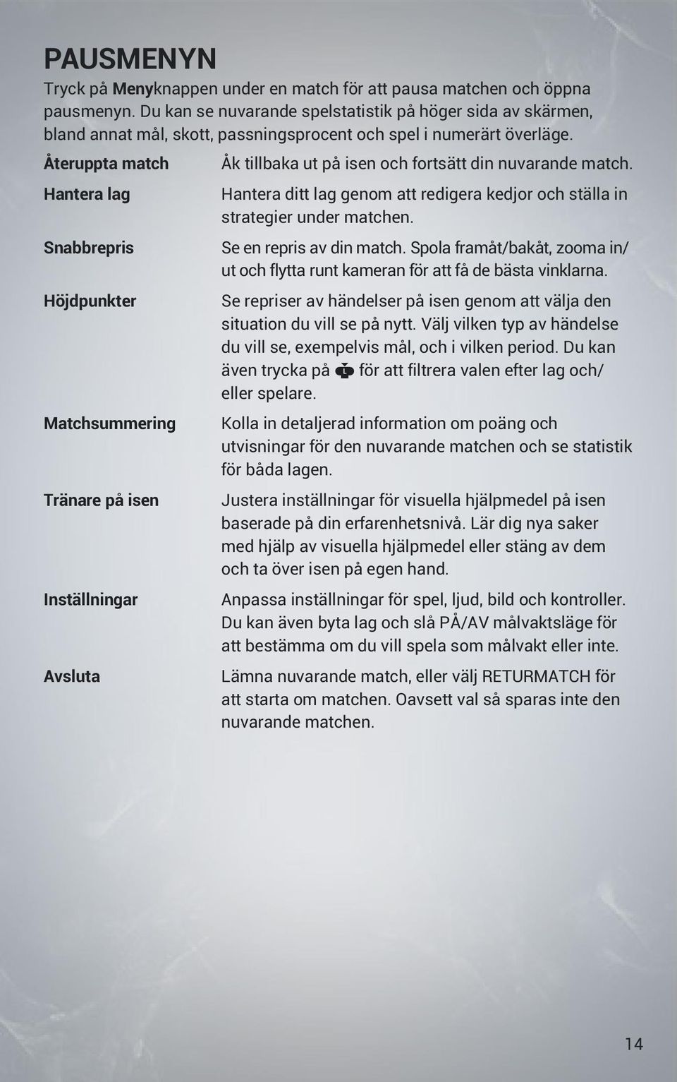 Återuppta match Åk tillbaka ut på isen och fortsätt din nuvarande match. Hantera lag Hantera ditt lag genom att redigera kedjor och ställa in strategier under matchen.