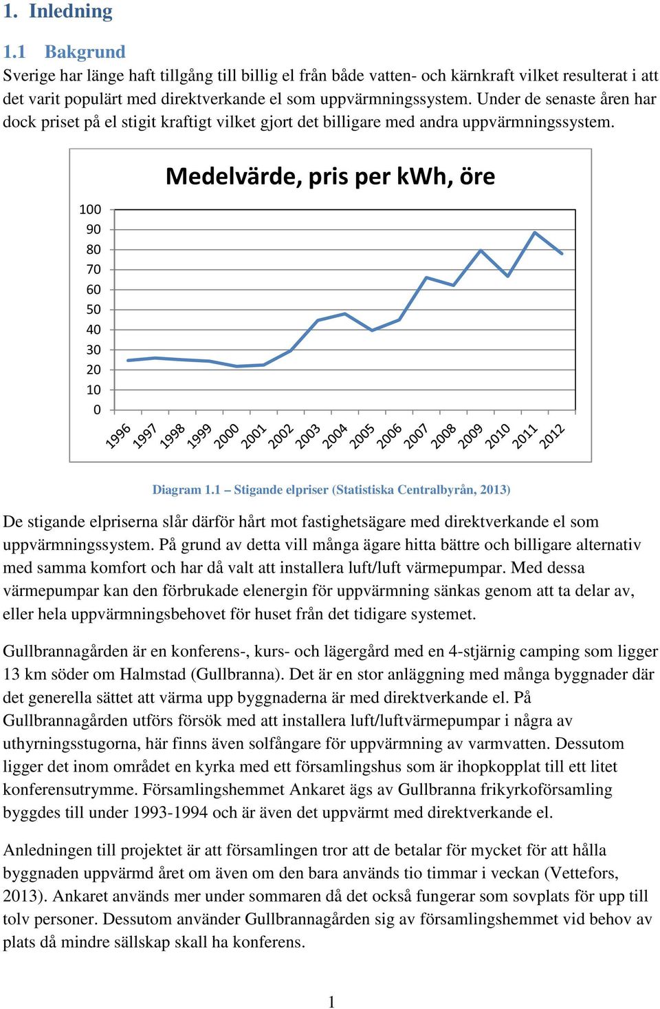 1 Stigande elpriser (Statistiska Centralbyrån, 2013) De stigande elpriserna slår därför hårt mot fastighetsägare med direktverkande el som uppvärmningssystem.