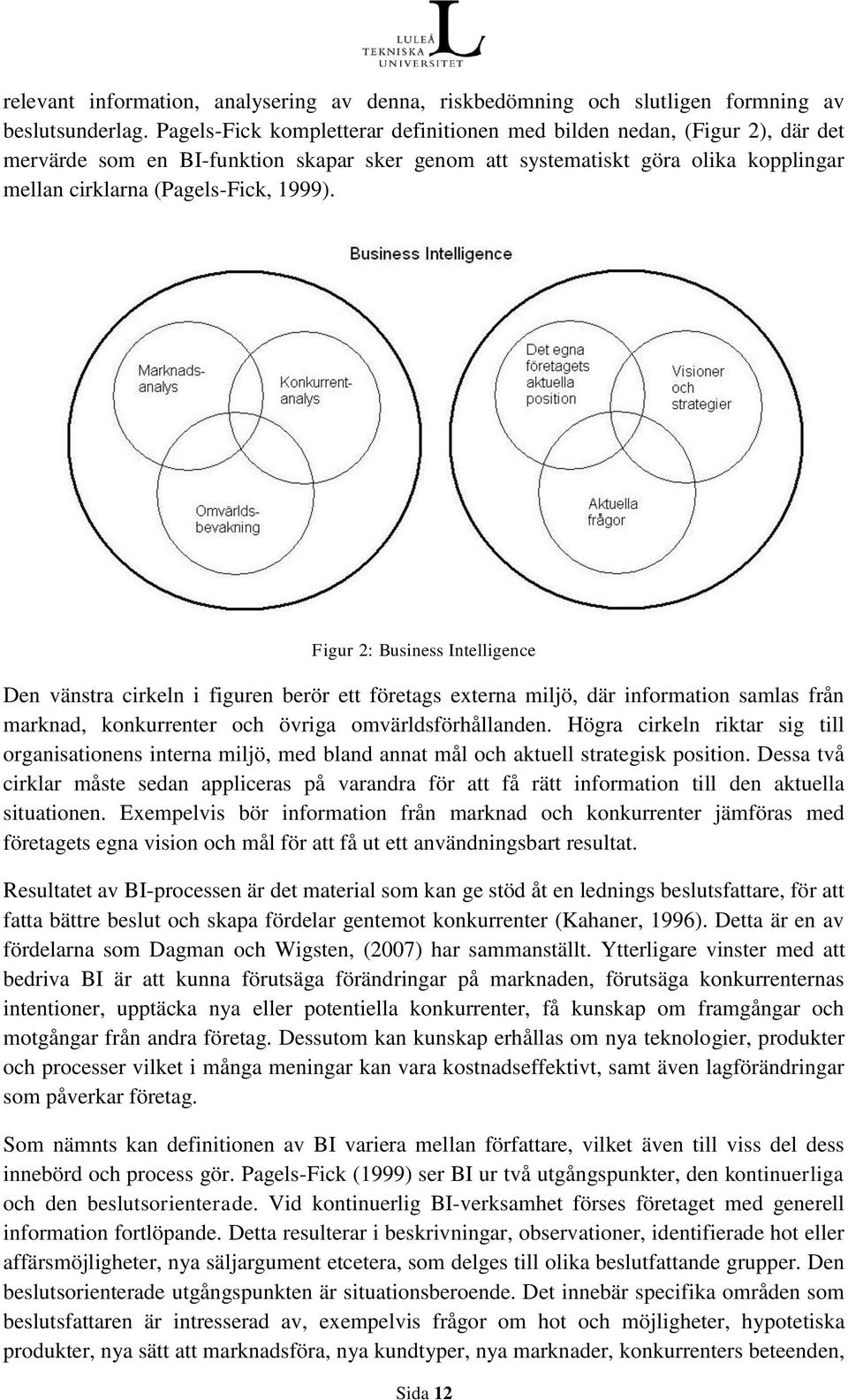 Figur 2: Business Intelligence Den vänstra cirkeln i figuren berör ett företags externa miljö, där information samlas från marknad, konkurrenter och övriga omvärldsförhållanden.