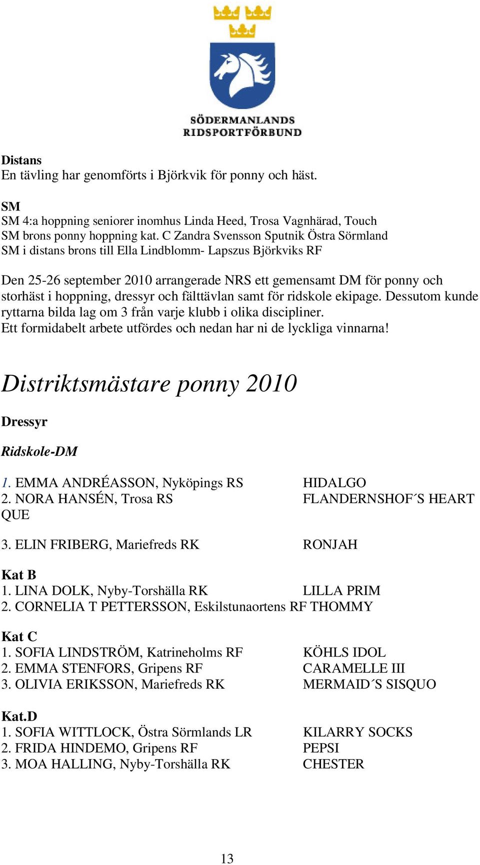 dressyr och fälttävlan samt för ridskole ekipage. Dessutom kunde ryttarna bilda lag om 3 från varje klubb i olika discipliner. Ett formidabelt arbete utfördes och nedan har ni de lyckliga vinnarna!