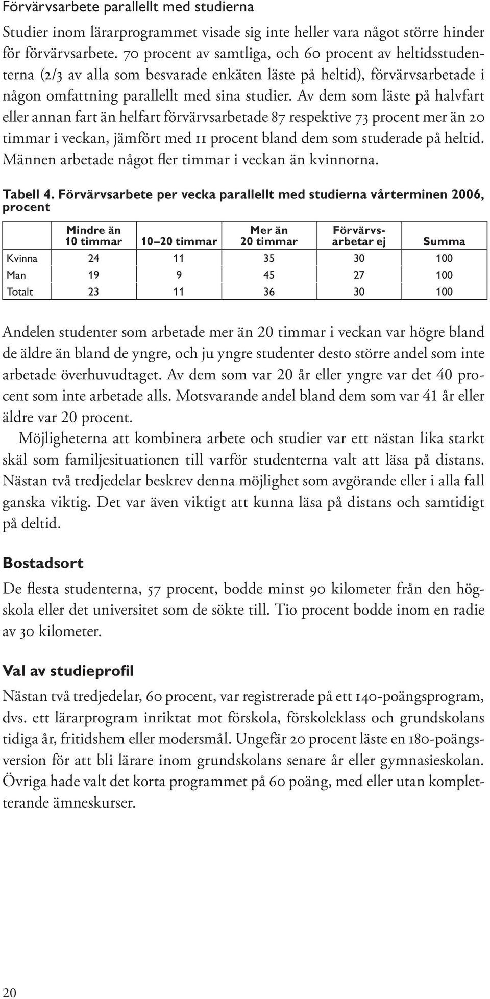 Av dem som läste på halvfart eller annan fart än helfart förvärvsarbetade 87 respektive 73 procent mer än 20 timmar i veckan, jämfört med 11 procent bland dem som studerade på heltid.