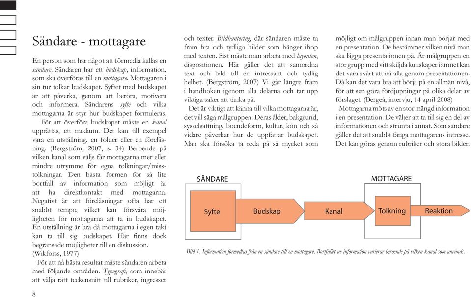 För att överföra budskapet måste en kanal upprättas, ett medium. Det kan till exempel vara en utställning, en folder eller en föreläsning. (Bergström, 2007, s.