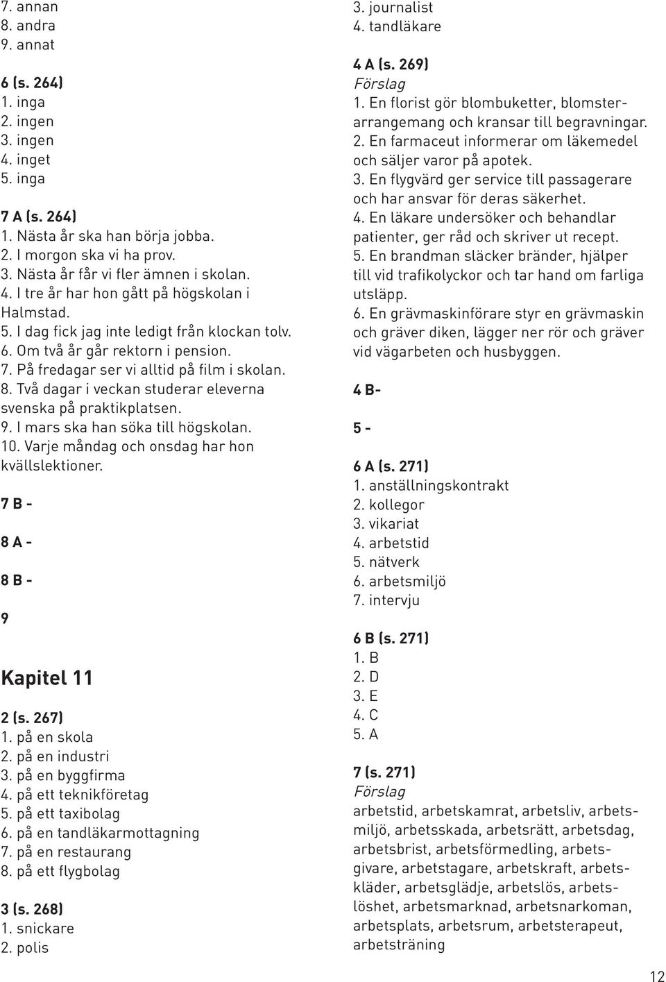9. I mars ska han söka till högskolan. 10. Varje måndag och onsdag har hon kvällslektioner. 7 B - 8 A - 8 B - 9 Kapitel 11 2 (s. 267) 1. på en skola 2. på en industri 3. på en byggfirma 4.