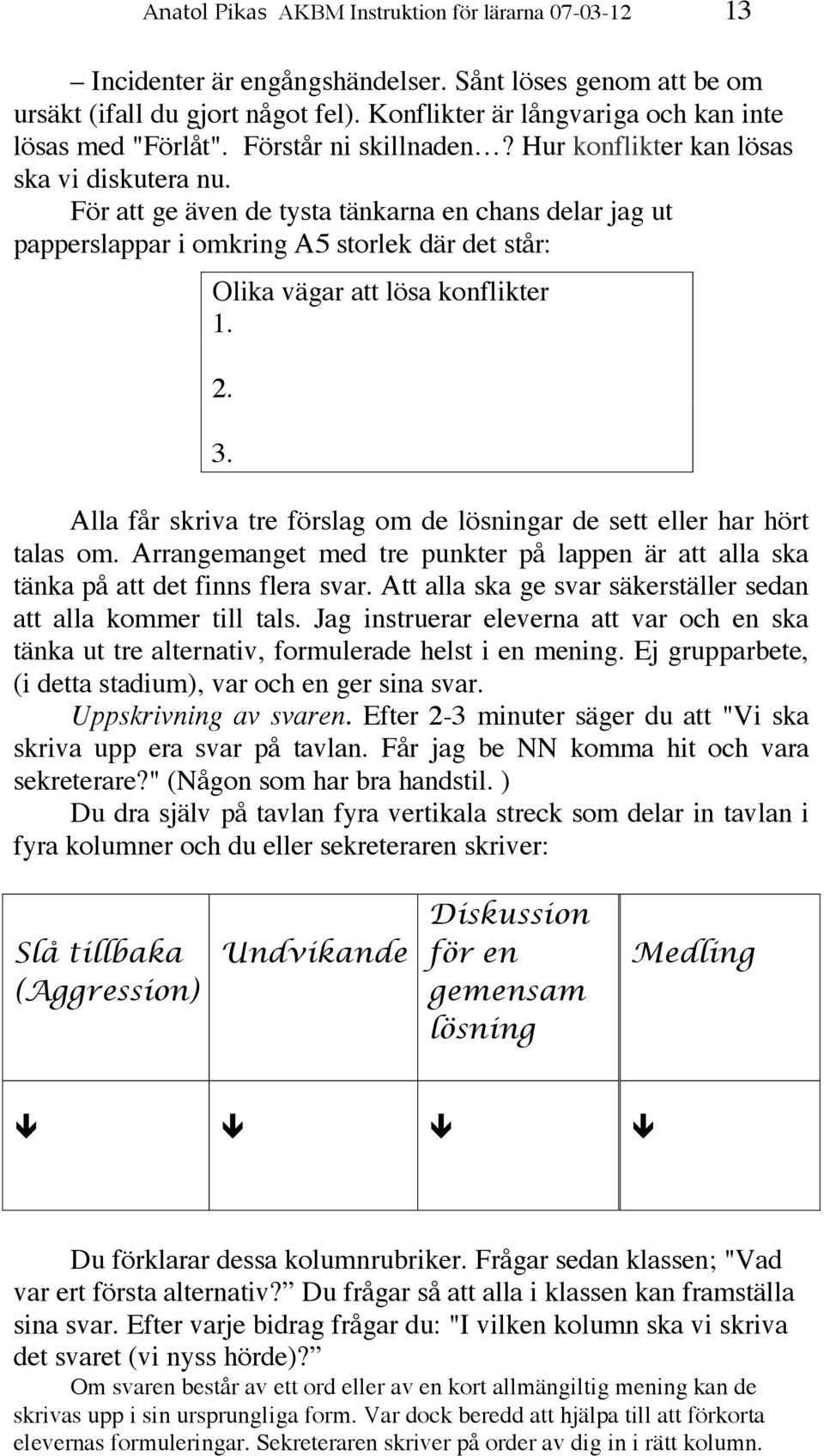 För att ge även de tysta tänkarna en chans delar jag ut papperslappar i omkring A5 storlek där det står: Olika vägar att lösa konflikter 1. 2. 3.