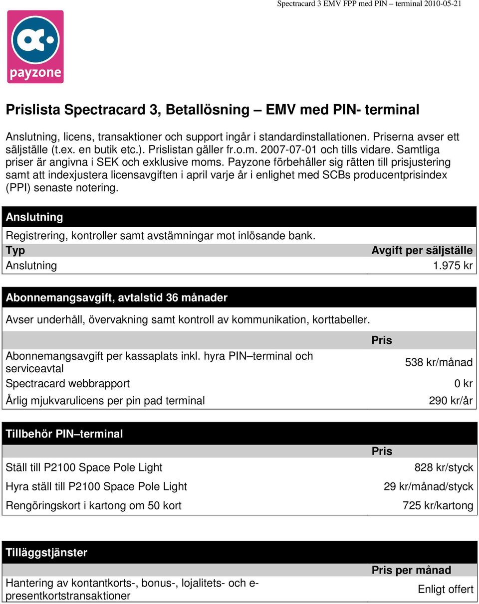 Payzone förbehåller sig rätten till prisjustering samt att indexjustera licensavgiften i april varje år i enlighet med SCBs producentprisindex (PPI) senaste notering.