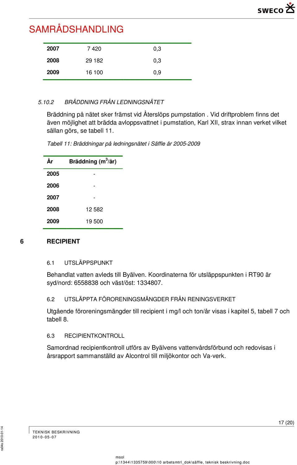 Tabell 11: Bräddningar på ledningsnätet i Säffle år 2005-2009 År Bräddning (m 3 /år) 2005-2006 - 2007-2008 12 582 2009 19 500 6 RECIPIENT 6.1 UTSLÄPPSPUNKT Behandlat vatten avleds till Byälven.