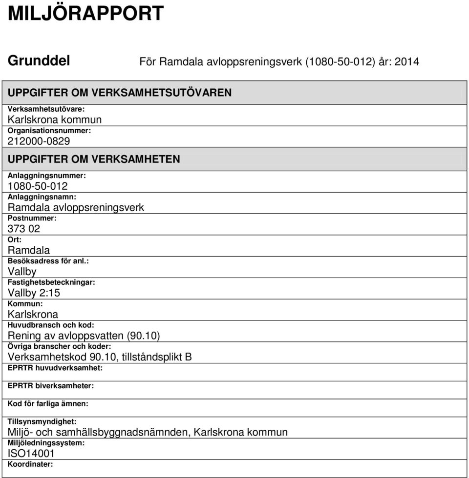 : Vallby Fastighetsbeteckningar: Vallby 2:15 Kommun: Karlskrona Huvudbransch och kod: Rening av avloppsvatten (90.10) Övriga branscher och koder: Verksamhetskod 90.