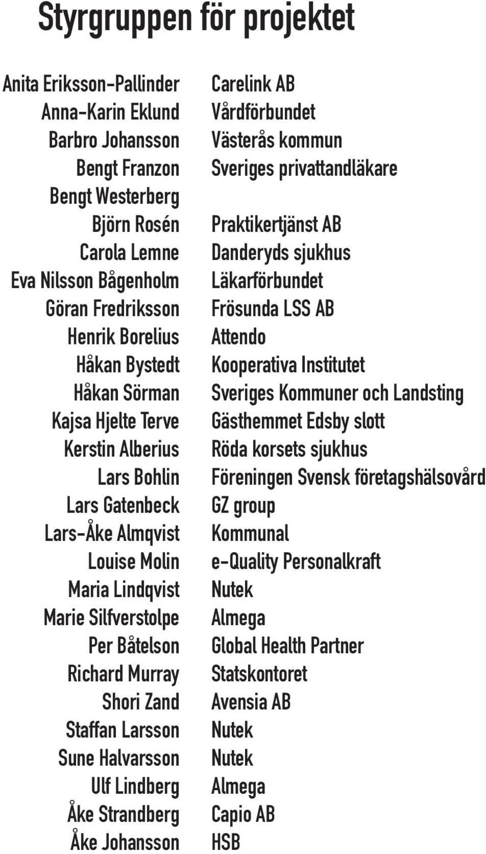 Sveriges Kommuner och Landsting Kajsa Hjelte Terve Gästhemmet Edsby slott Kerstin Alberius Röda korsets sjukhus Lars Bohlin Föreningen Svensk företagshälsovård Lars Gatenbeck GZ group Lars-Åke