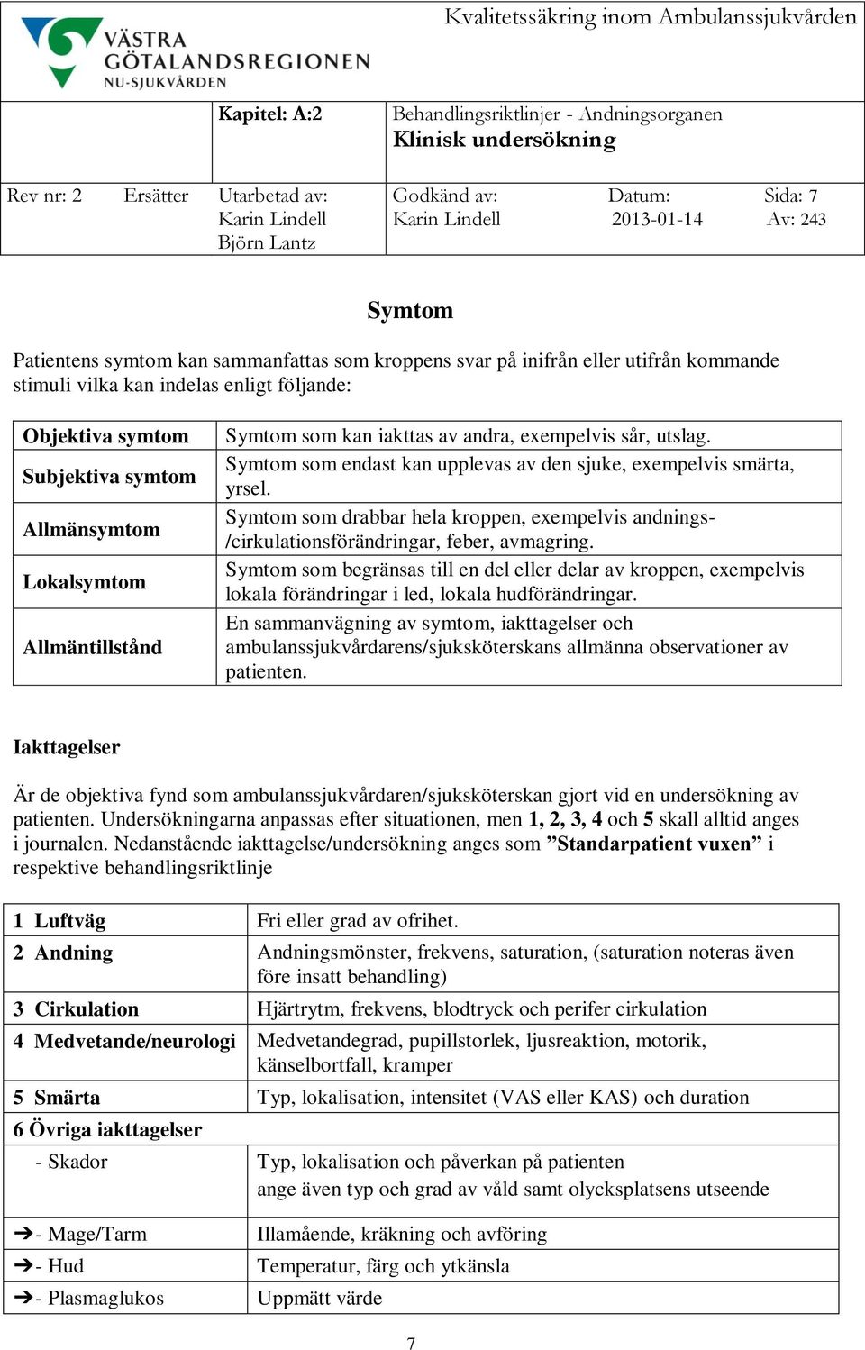 Symtom som endast kan upplevas av den sjuke, exempelvis smärta, yrsel. Symtom som drabbar hela kroppen, exempelvis andnings- /cirkulationsförändringar, feber, avmagring.