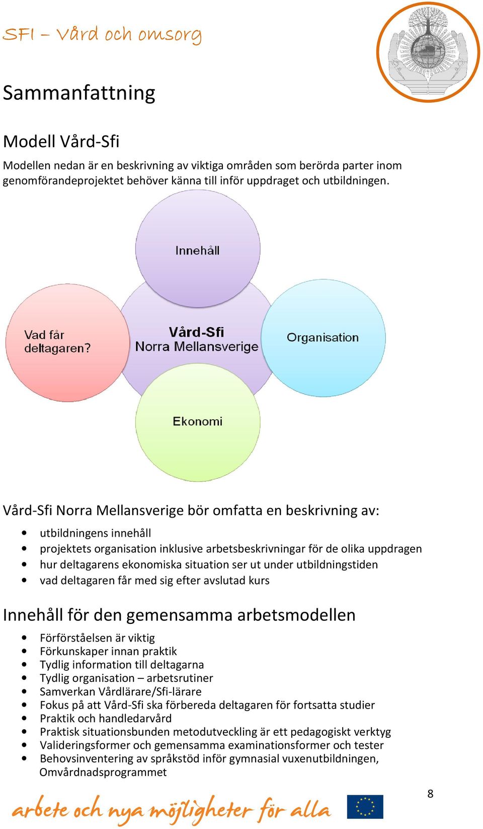 ser ut under utbildningstiden vad deltagaren får med sig efter avslutad kurs Innehåll för den gemensamma arbetsmodellen Förförståelsen är viktig Förkunskaper innan praktik Tydlig information till