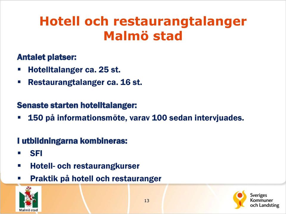 Senaste starten hotelltalanger: 150 på informationsmöte, varav 100 sedan