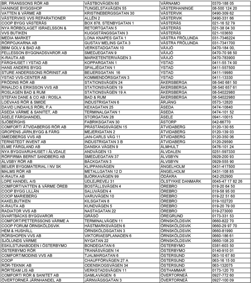 3 VÄSTERÅS 021-103650 MEDIA MARKET LONA KNAPES GATA 1 VÄSTRA FRÖLUNDA 031-7346224 RÖRPOJKARNA AB GUSTAV MELINS GATA 3 VÄSTRA FRÖLUNDA 031-7341700 BBM GOLV & BAD AB VERKSTADGATAN 10 VÄXJÖ 0470-184 00,