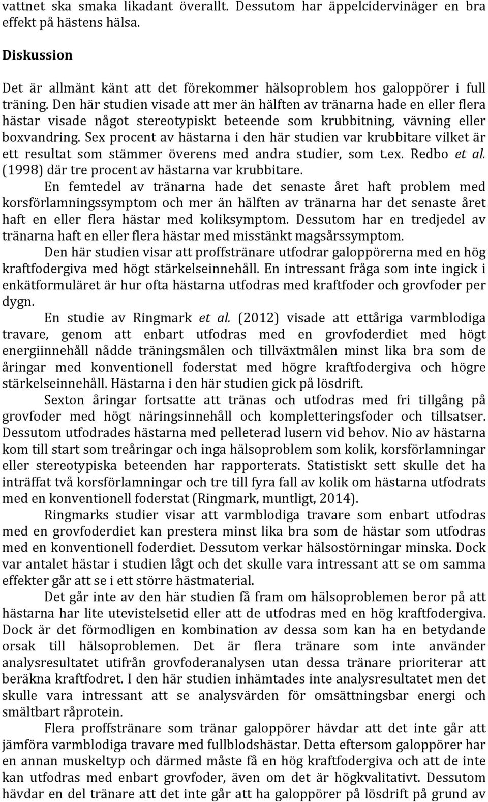 Sex procent av hästarna i den här studien var krubbitare vilket är ett resultat som stämmer överens med andra studier, som t.ex. Redbo et al. (1998) där tre procent av hästarna var krubbitare.