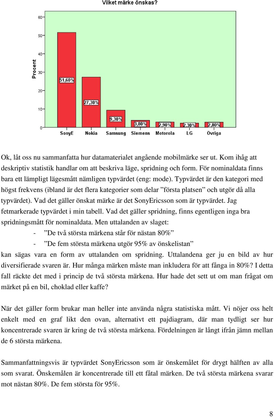 Typvärdet är den kategori med högst frekvens (ibland är det flera kategorier som delar första platsen och utgör då alla typvärdet). Vad det gäller önskat märke är det SonyEricsson som är typvärdet.