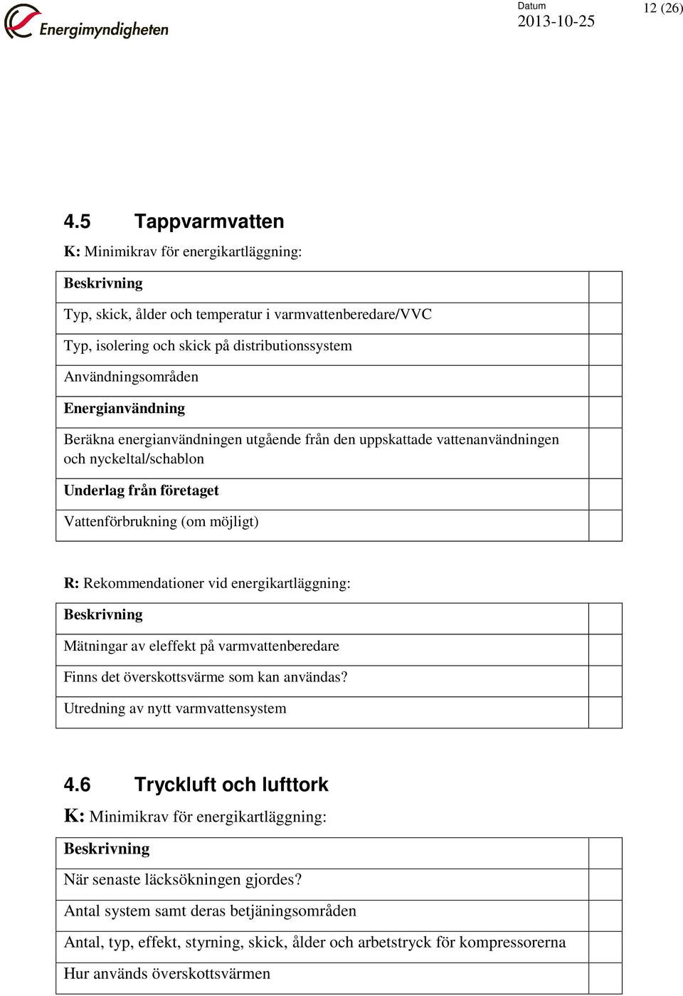 Energianvändning Beräkna energianvändningen utgående från den uppskattade vattenanvändningen och nyckeltal/schablon Underlag från företaget Vattenförbrukning (om möjligt) R: Rekommendationer vid