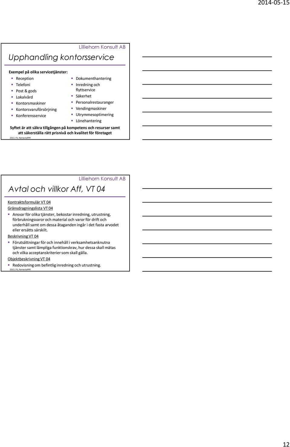 Lönehantering Avtal och villkor Aff, VT 04 Kontraktsformulär VT 04 Gränsdragningslista VT04 Ansvar för olika tjänster, bekostar inredning, utrustning, förbrukningsvaror och material och varor för