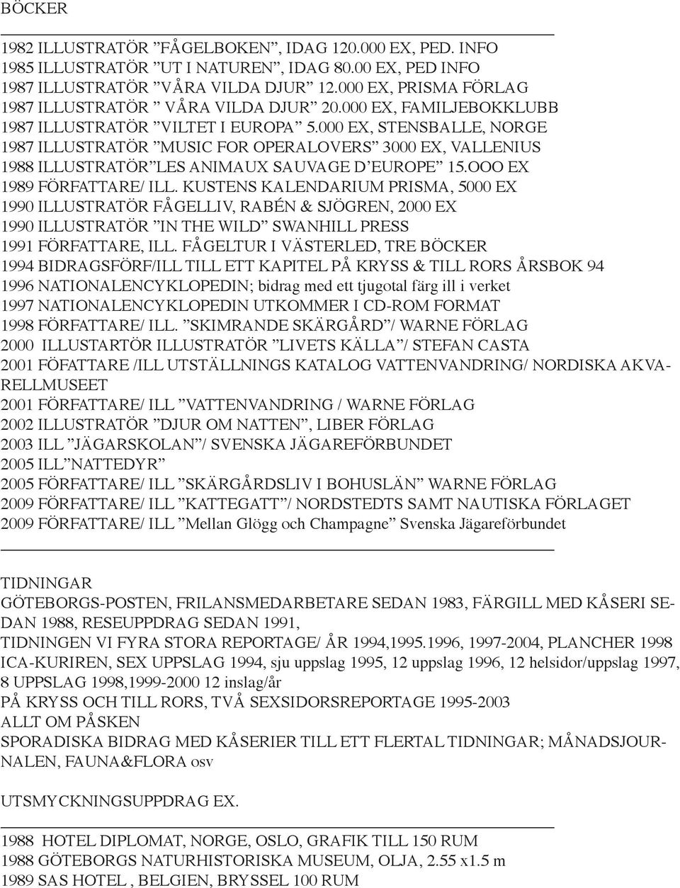 000 EX, STENSBALLE, NORGE 1987 ILLUSTRATÖR MUSIC FOR OPERALOVERS 3000 EX, VALLENIUS 1988 ILLUSTRATÖR LES ANIMAUX SAUVAGE D EUROPE 15.OOO EX 1989 FÖRFATTARE/ ILL.