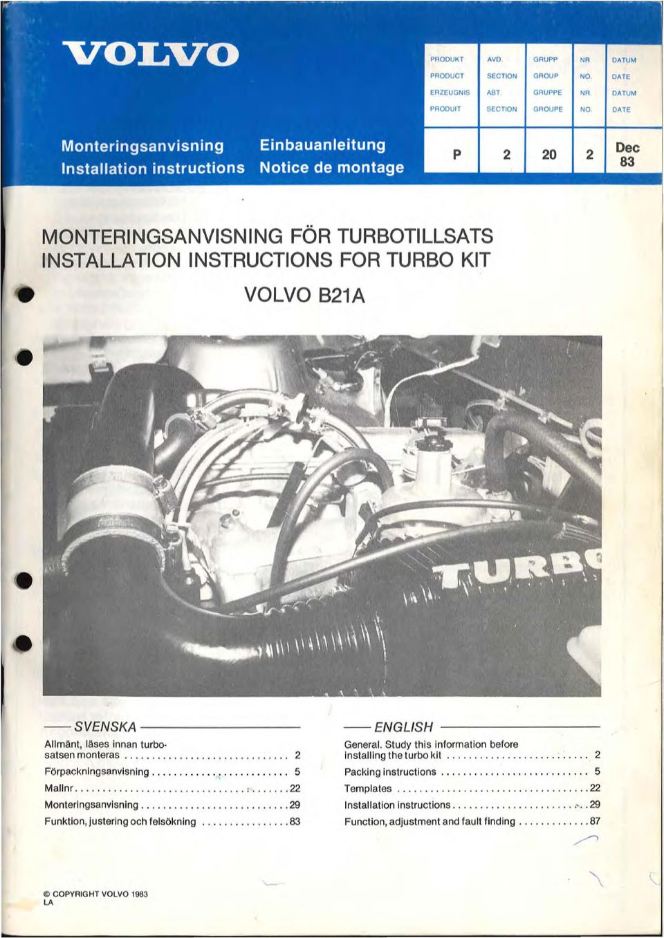 ...................... 29 Funktion, Justering och felsökning............ 83 - ENGLISH -------- Gener.. 1. Study this Inform ation before Installing the turbo klt......................... 2 Packlng Instructlons.