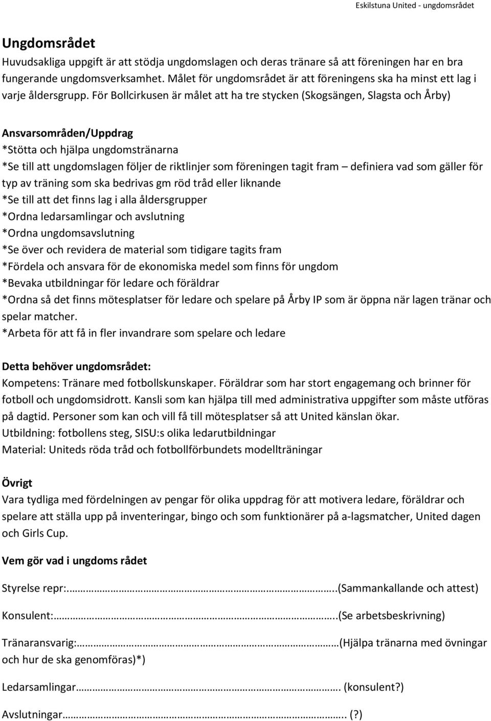 För Bollcirkusen är målet att ha tre stycken (Skogsängen, Slagsta och Årby) Ansvarsområden/Uppdrag *Stötta och hjälpa ungdomstränarna *Se till att ungdomslagen följer de riktlinjer som föreningen