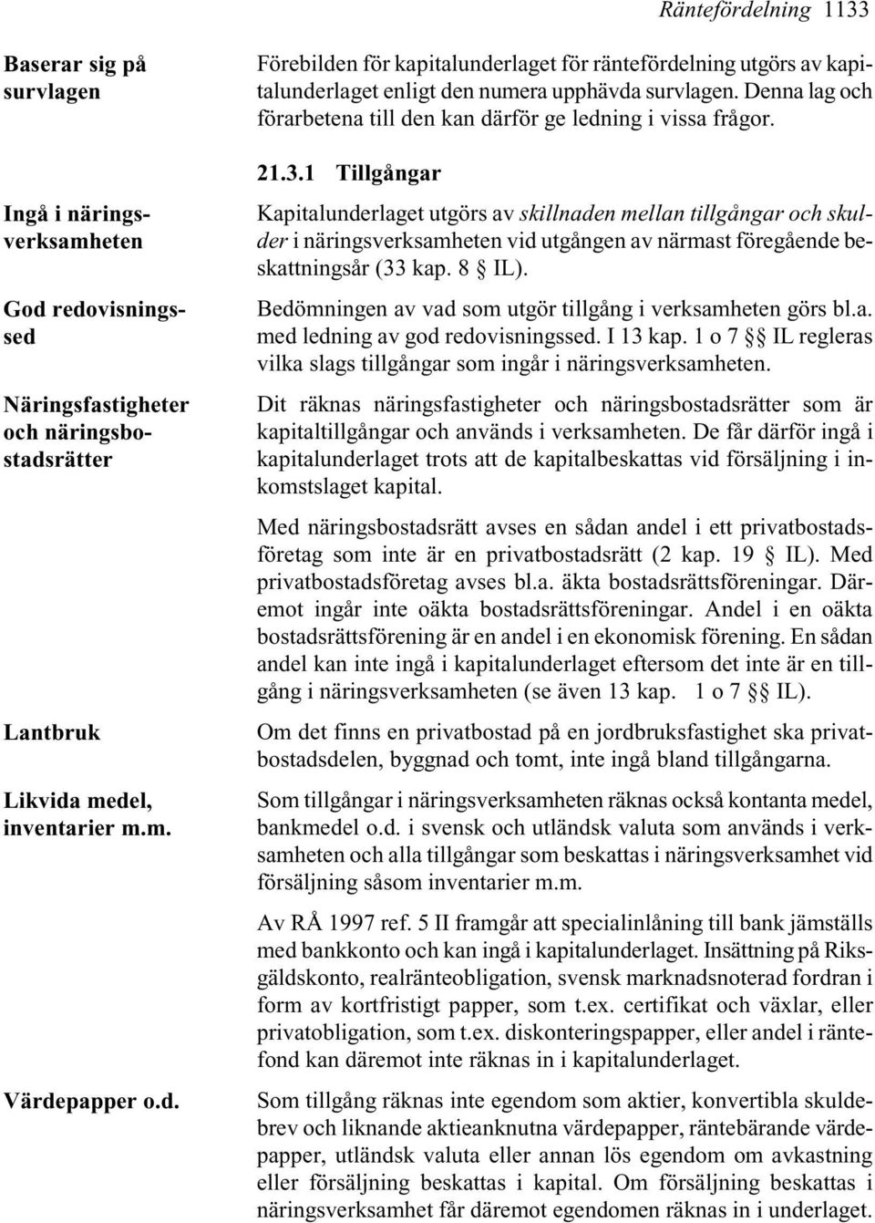 1 Tillgångar Kapitalunderlaget utgörs av skillnaden mellan tillgångar och skulder i näringsverksamheten vid utgången av närmast föregående beskattningsår (33 kap. 8 IL).