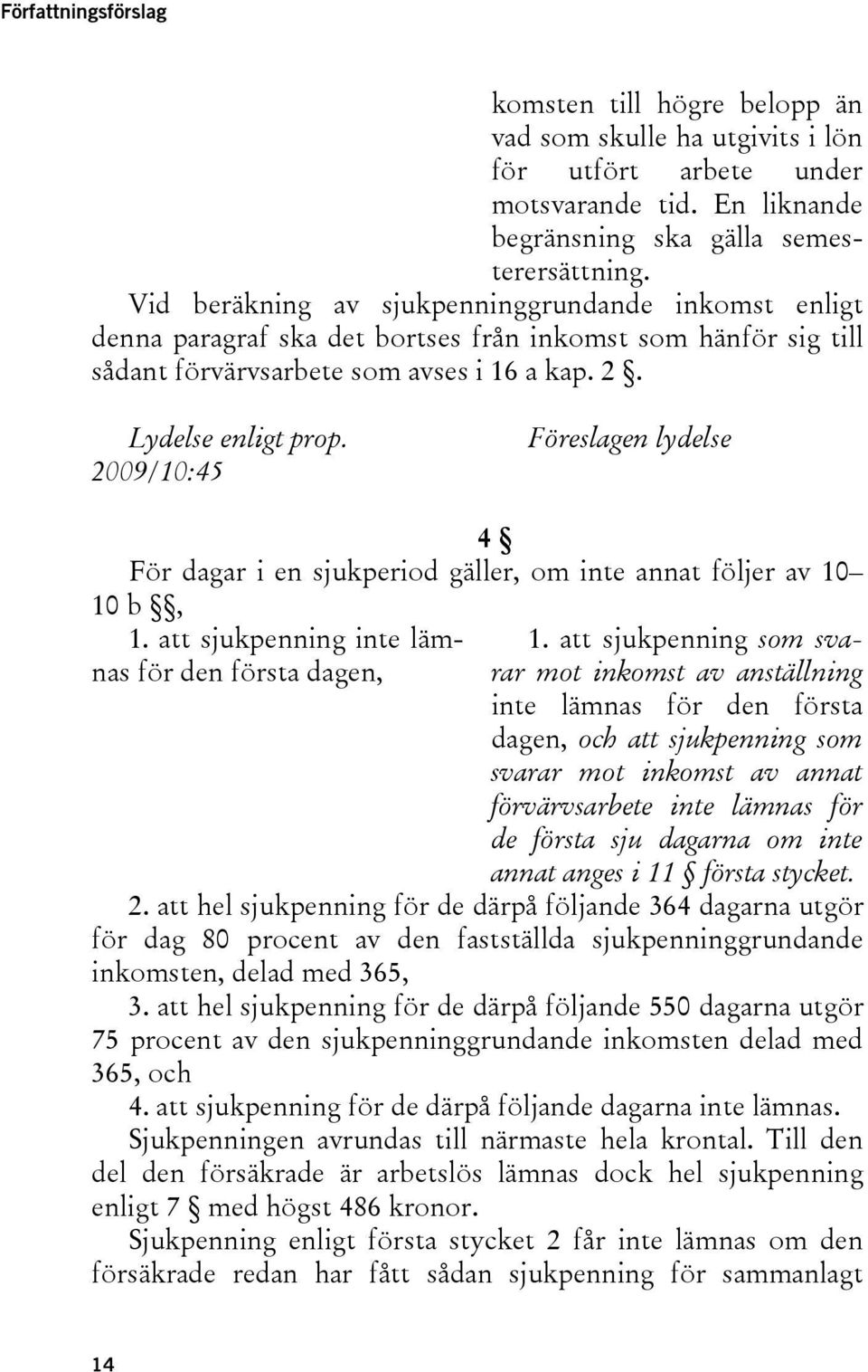 2009/10:45 Föreslagen lydelse 4 För dagar i en sjukperiod gäller, om inte annat följer av 10 10 b, 1. att sjukpenning inte lämnas för den första dagen, 1.