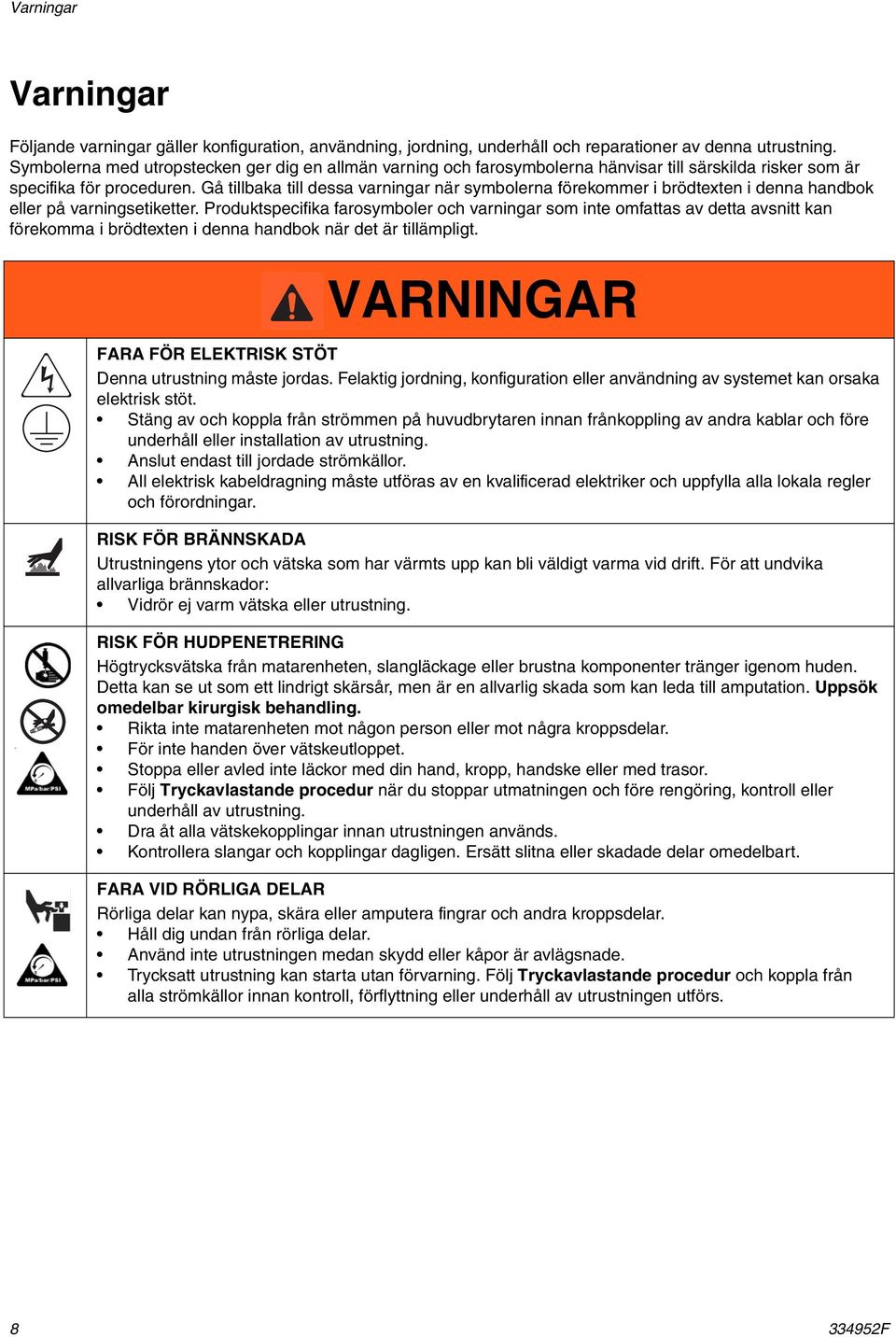 Gå tillbaka till dessa varningar när symbolerna förekommer i brödtexten i denna handbok eller på varningsetiketter.