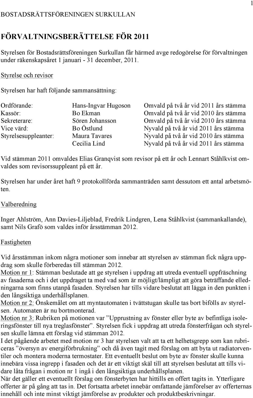 Styrelse och revisor Styrelsen har haft följande sammansättning: Ordförande: Hans-Ingvar Hugoson Omvald på två år vid 2011 års stämma Kassör: Bo Ekman Omvald på två år vid 2010 års stämma