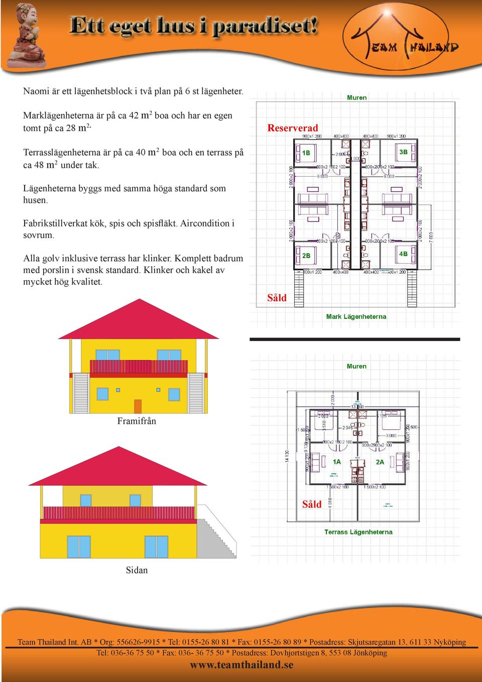 Reserverad Terrasslägenheterna är på ca 40 m 2 boa och en terrass på ca 48 m 2 under tak.