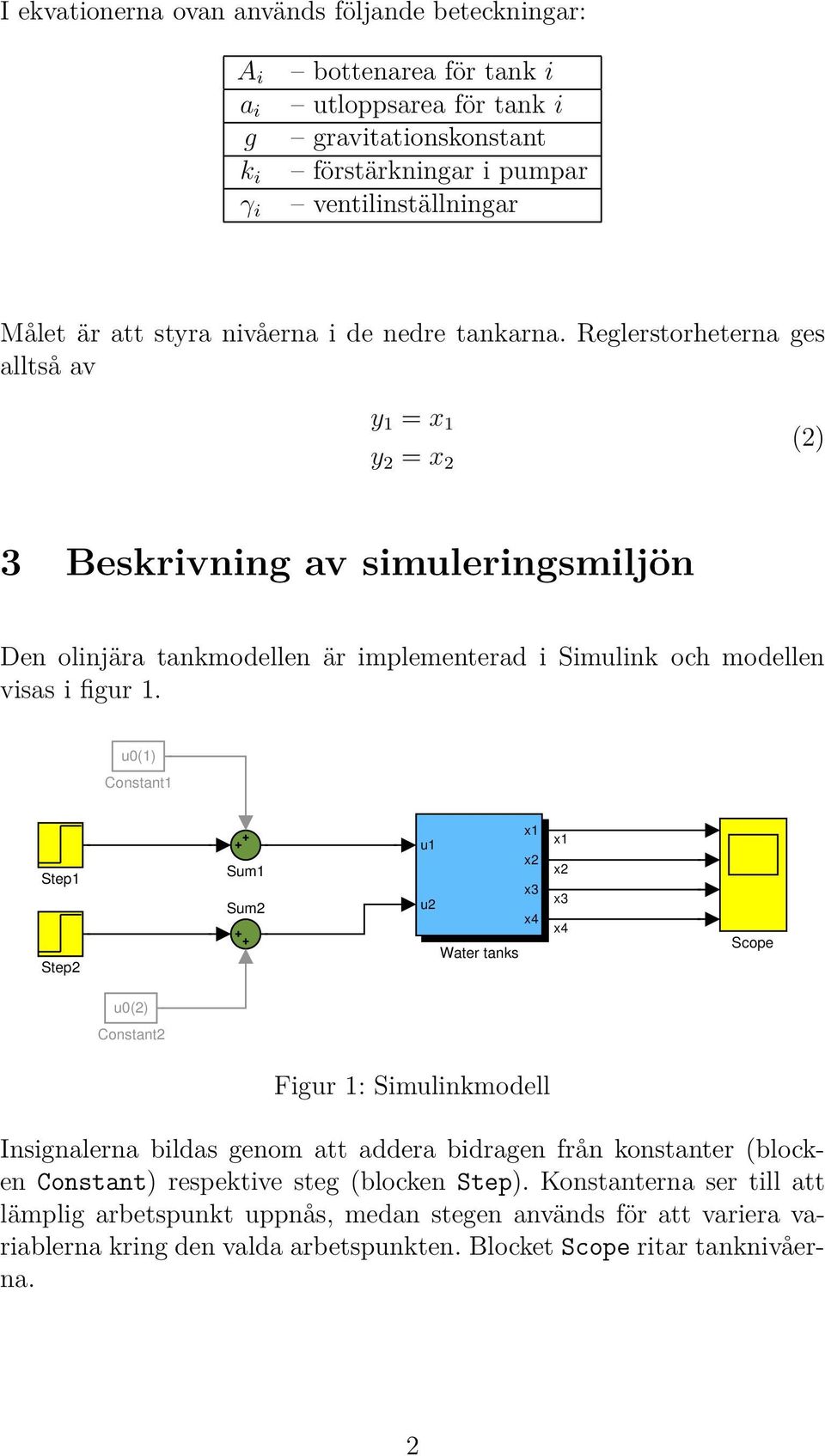 Reglerstorheterna ges alltså av y 1 = x 1 y 2 = x 2 (2) 3 Beskrivning av simuleringsmiljön Den olinjära tankmodellen är implementerad i Simulink och modellen visas i figur 1.