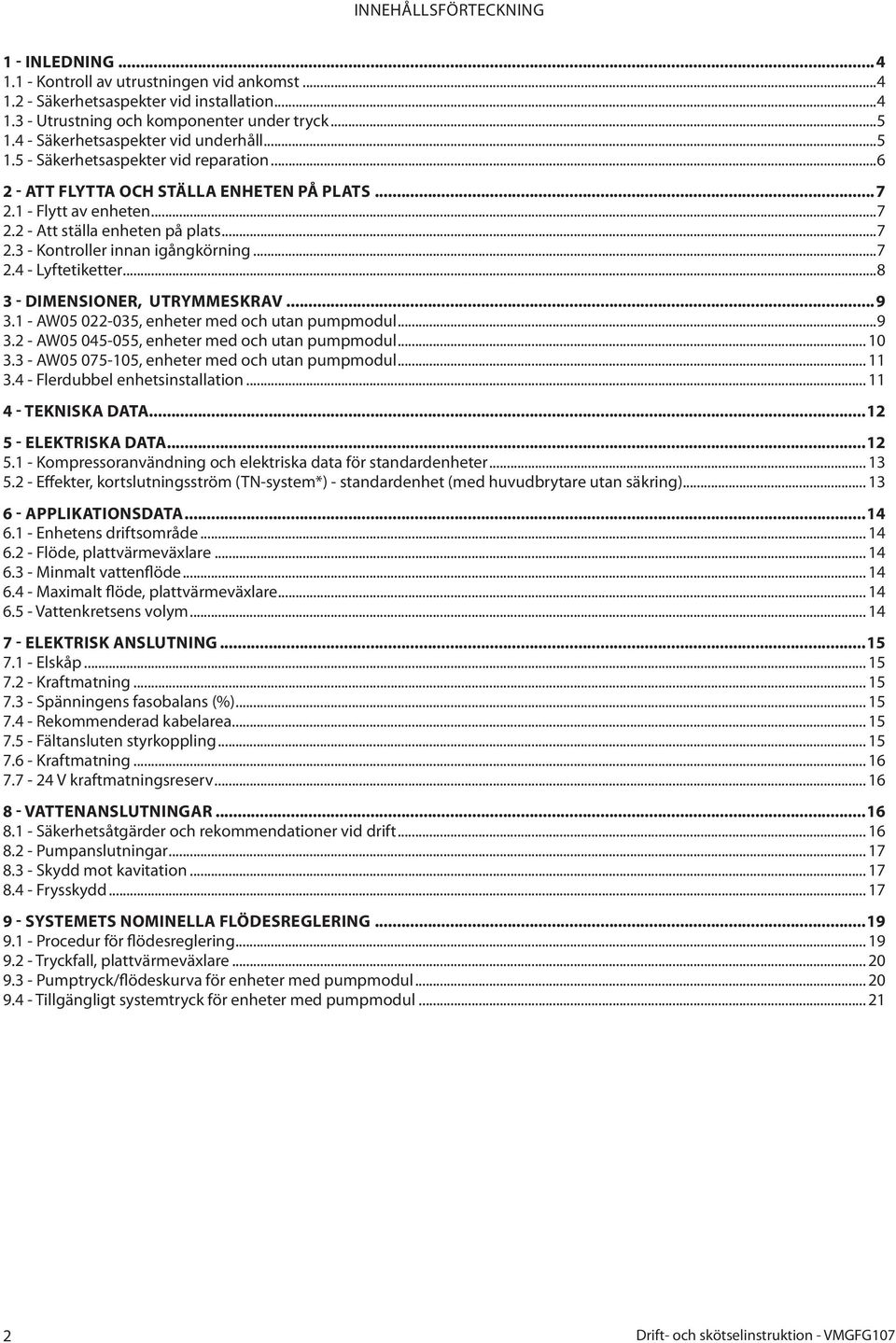 ..7.4 - Lyftetiketter...8 3 - DIMENSIONER, UTRYMMESKRAV... 9 3. - AW05 0-035, enheter med och utan pumpmodul...9 3. - AW05 045-055, enheter med och utan pumpmodul... 0 3.