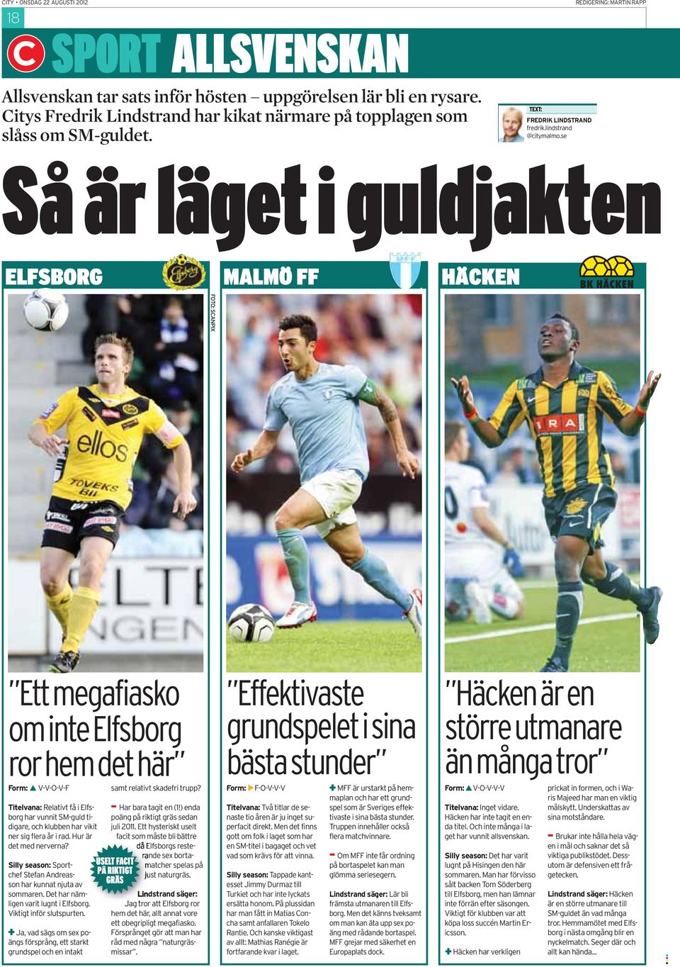 se REDIGERING: MARTIN RAPP Så är läget i guldjakten ELFSBORG FOTO: SCANPIX MALMÖ FF HÄCKEN Ett megafiasko om inte Elfsborg ror hem det här Form: V-V-O-V-F samt relativt skadefri trupp?