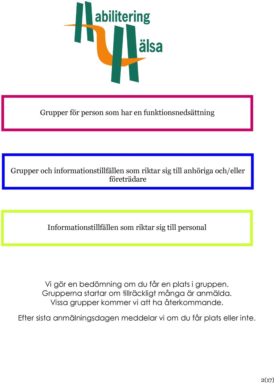 bedömning om du får en plats i gruppen. Grupperna startar om tillräckligt många är anmälda.