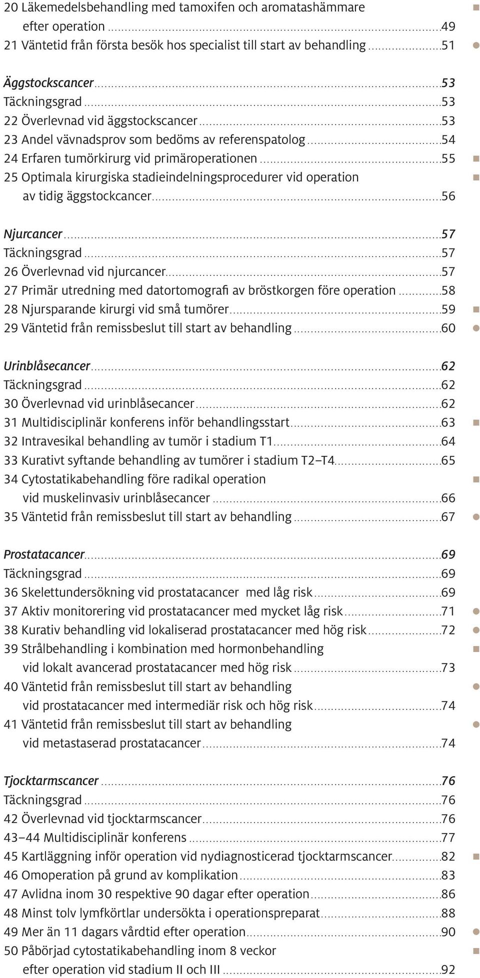 ..55 25 Optimala kirurgiska stadieindelningsprocedurer vid operation av tidig äggstockcancer...56 Njurcancer...57 Täckningsgrad...57 26 Överlevnad vid njurcancer.