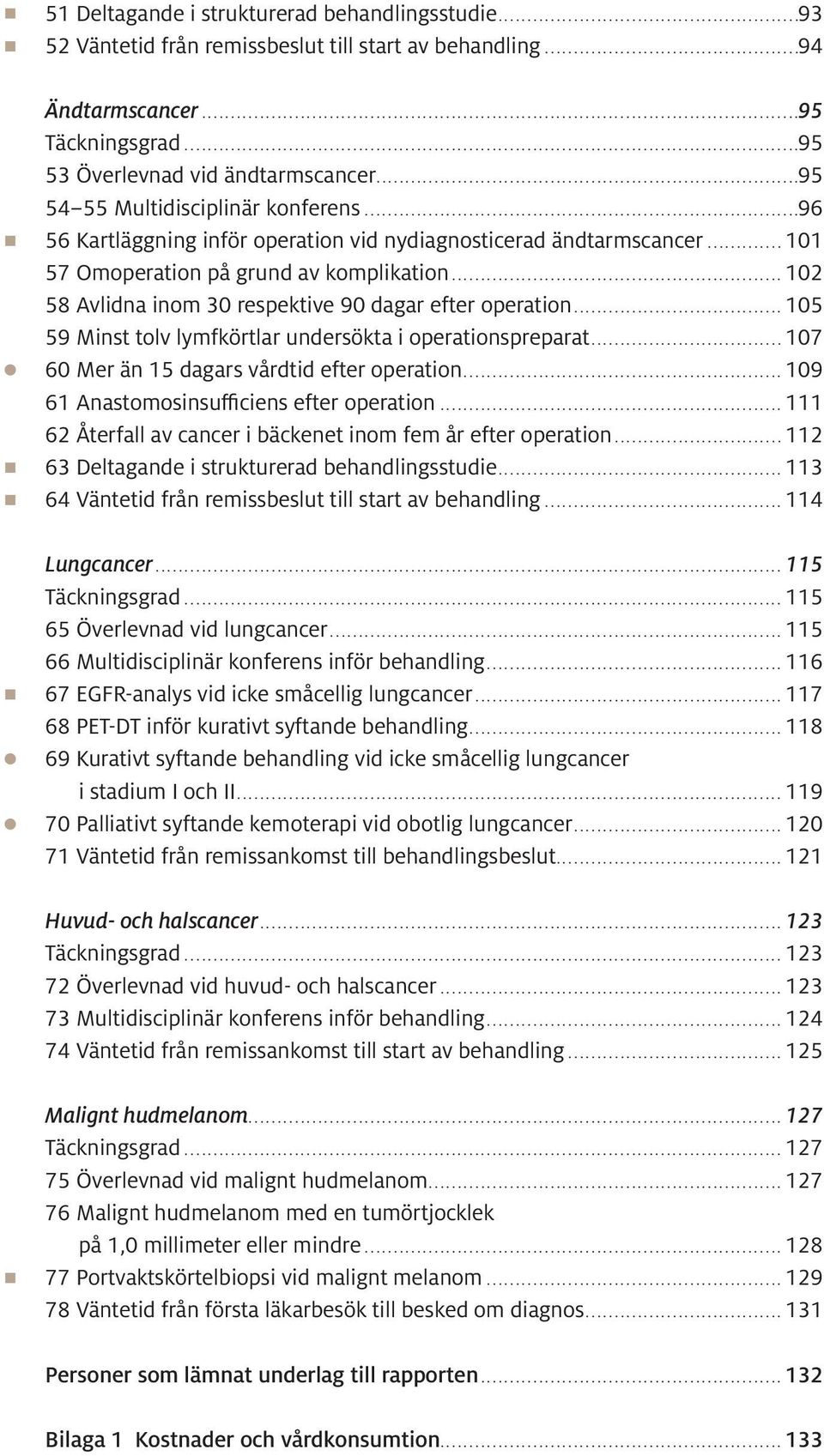 ..102 58 Avlidna inom 30 respektive 90 dagar efter operation...105 59 Minst tolv lymfkörtlar undersökta i operationspreparat...107 60 Mer än 15 dagars vårdtid efter operation.