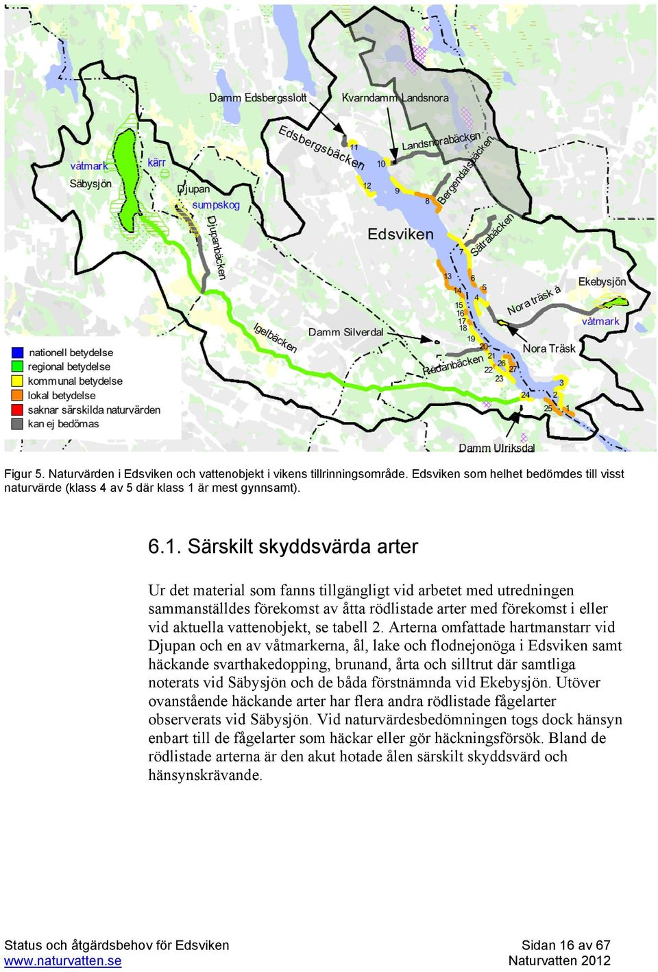 Särskilt skyddsvärda arter Ur det material som fanns tillgängligt vid arbetet med utredningen sammanställdes förekomst av åtta rödlistade arter med förekomst i eller vid aktuella vattenobjekt, se