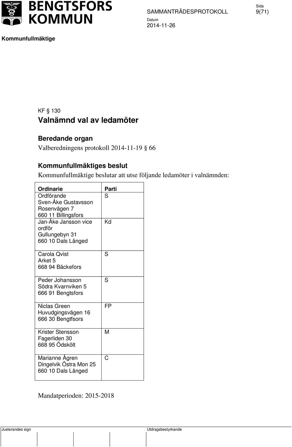 Carola Qvist Arket 5 668 94 Bäckefors Peder Johansson ödra Kvarnviken 5 666 91 Bengtsfors Niclas Green Huvudgingsvägen 16 666 30 Bengtfsors