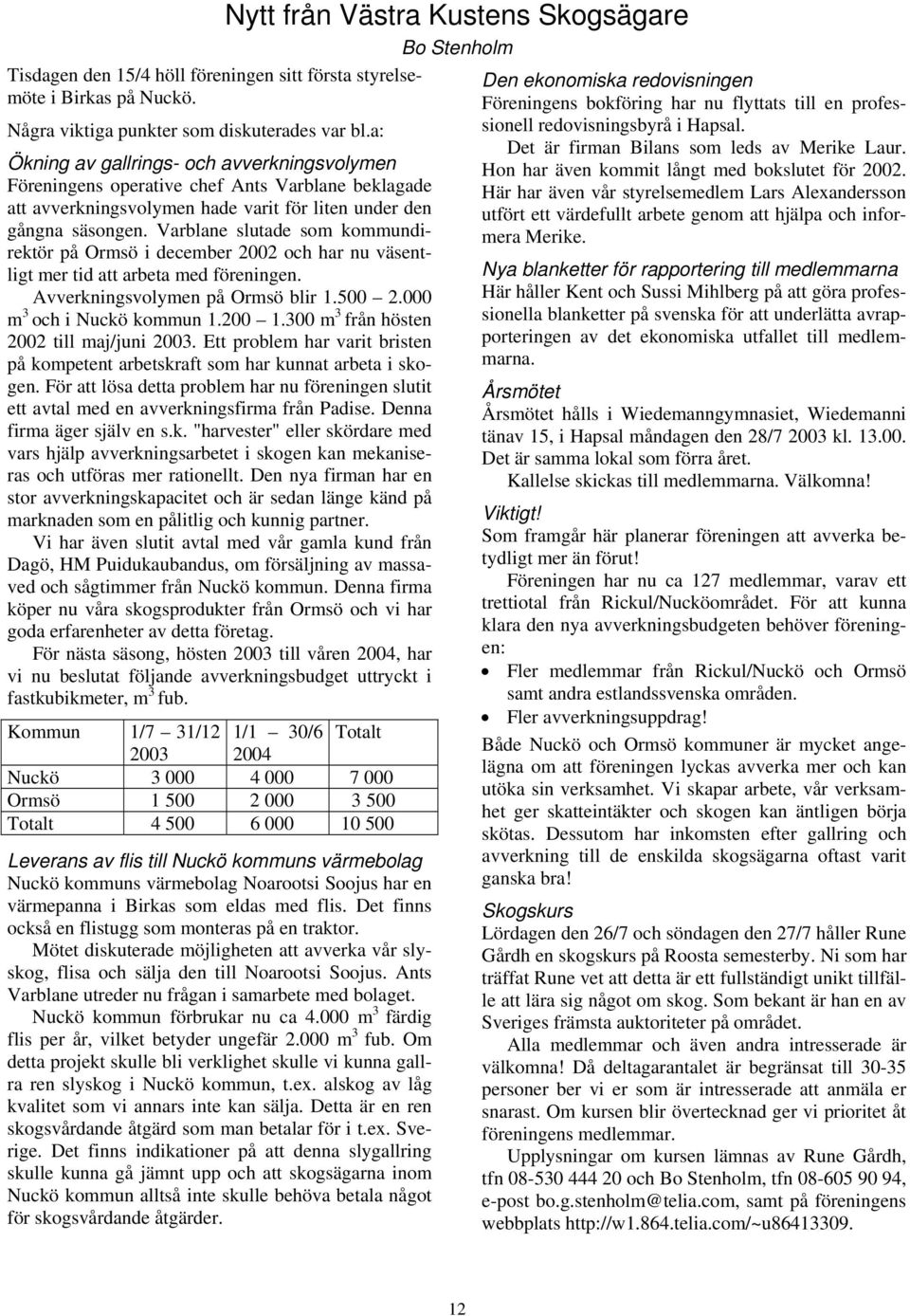 Varblane slutade som kommundirektör på Ormsö i december 2002 och har nu väsentligt mer tid att arbeta med föreningen. Avverkningsvolymen på Ormsö blir 1.500 2.000 m 3 och i Nuckö kommun 1.200 1.