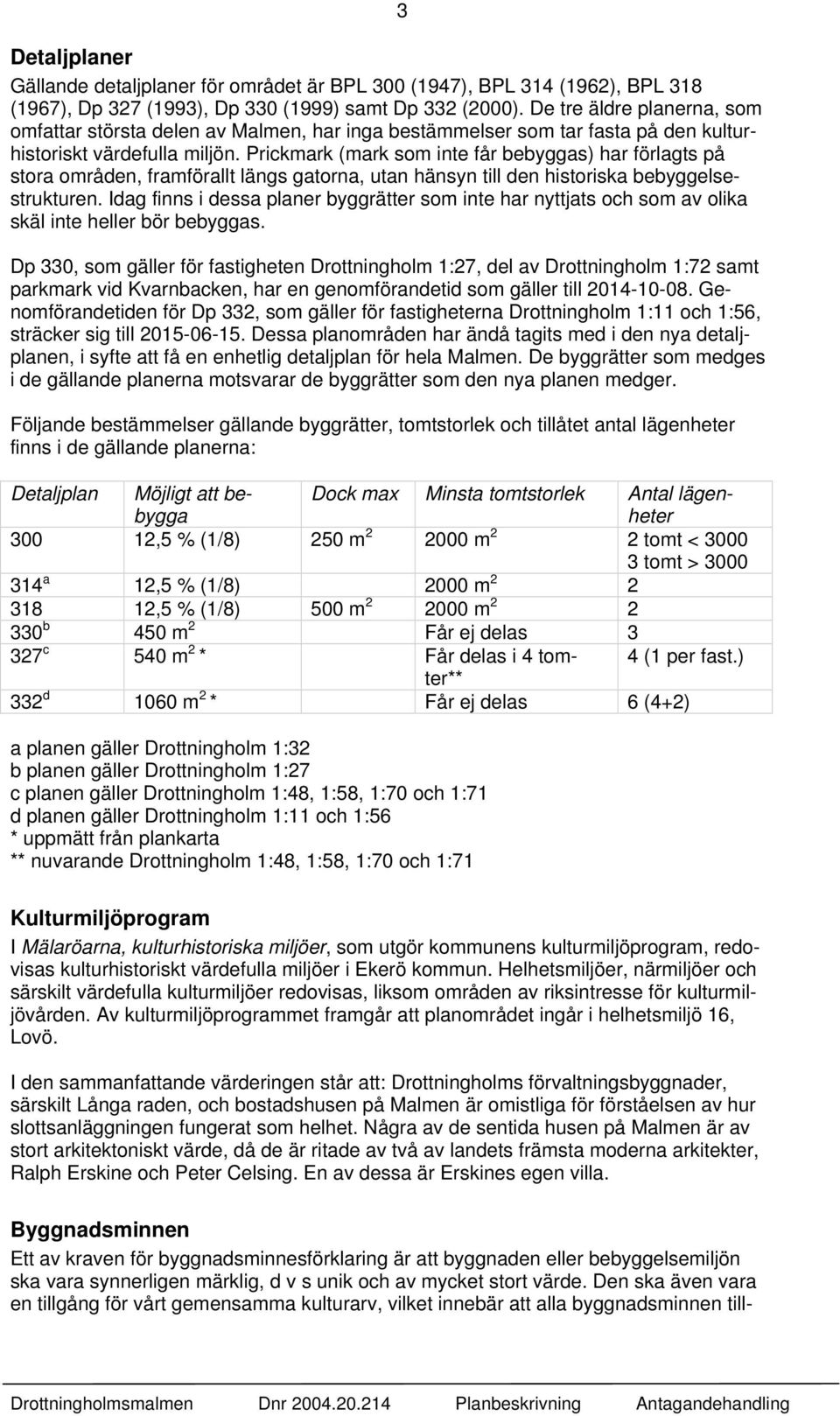 Prickmark (mark som inte får bebyggas) har förlagts på stora områden, framförallt längs gatorna, utan hänsyn till den historiska bebyggelsestrukturen.