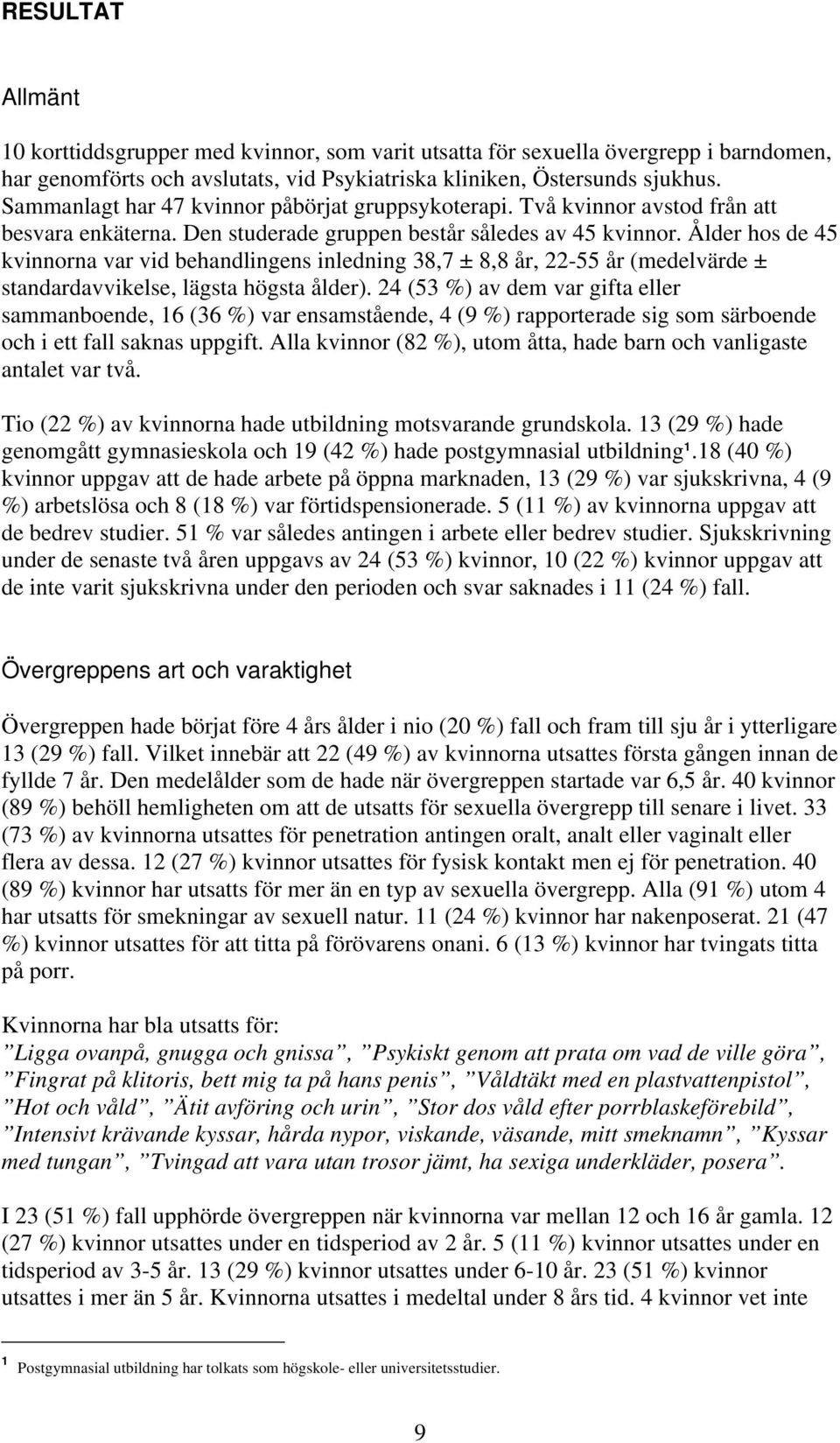 Ålder hos de 45 kvinnorna var vid behandlingens inledning 38,7 ± 8,8 år, 22-55 år (medelvärde ± standardavvikelse, lägsta högsta ålder).