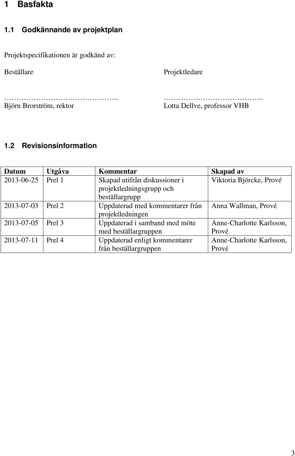 2 Revisionsinformation Datum Utgåva Kommentar Skapad av 2013-06-25 Prel 1 Skapad utifrån diskussioner i Viktoria Björcke, Prové projektledningsgrupp och