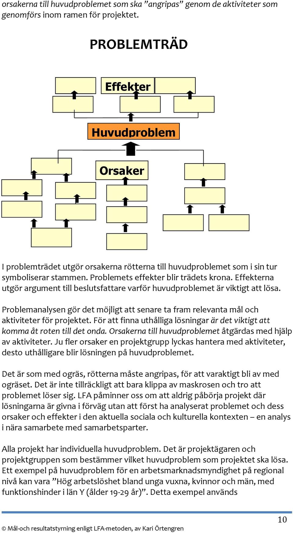 Effekterna utgör argument till beslutsfattare varför huvudproblemet är viktigt att lösa. Problemanalysen gör det möjligt att senare ta fram relevanta mål och aktiviteter för projektet.