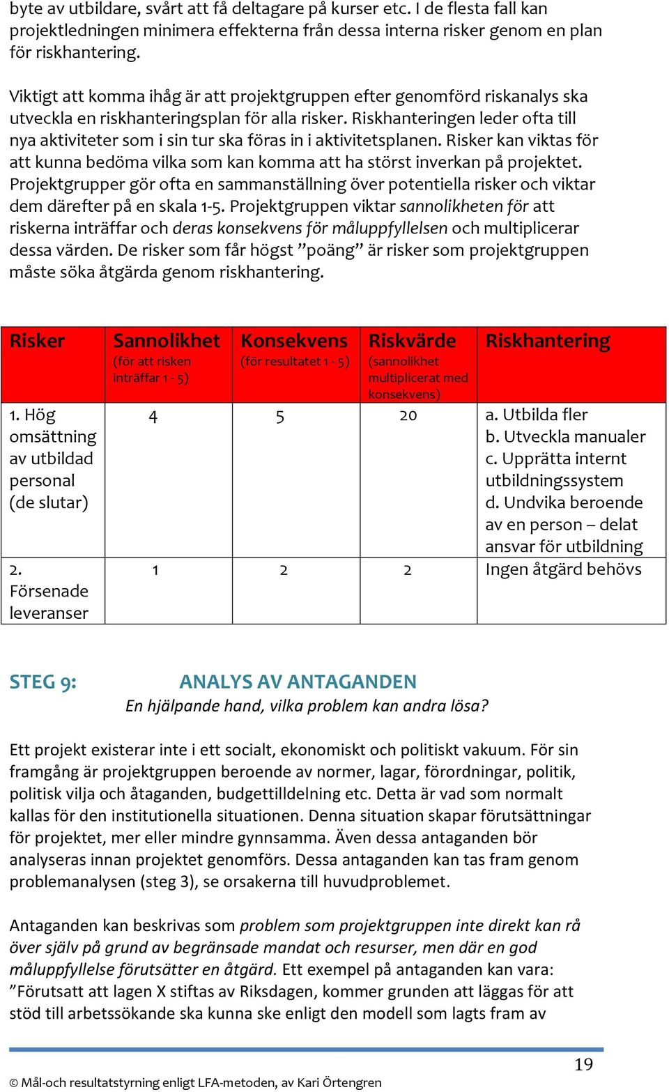 Riskhanteringen leder ofta till nya aktiviteter som i sin tur ska föras in i aktivitetsplanen. Risker kan viktas för att kunna bedöma vilka som kan komma att ha störst inverkan på projektet.