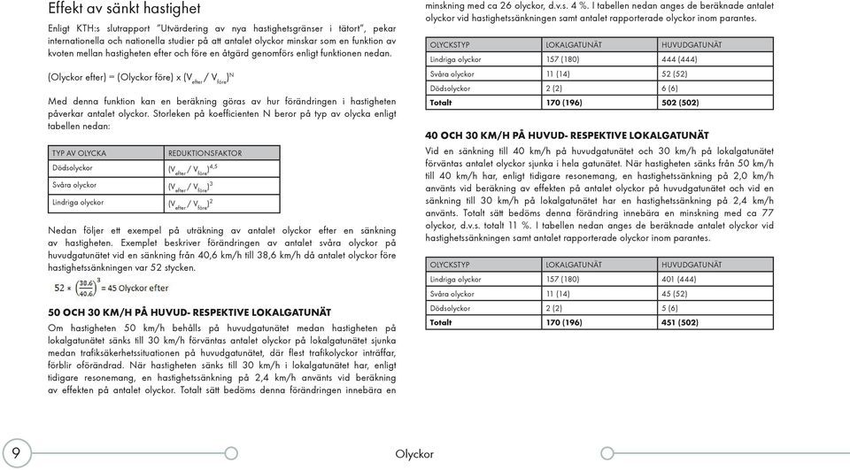 (Olyckor efter) = (Olyckor före) x (V efter / V före ) N Med denna funktion kan en beräkning göras av hur förändringen i hastigheten påverkar antalet olyckor.