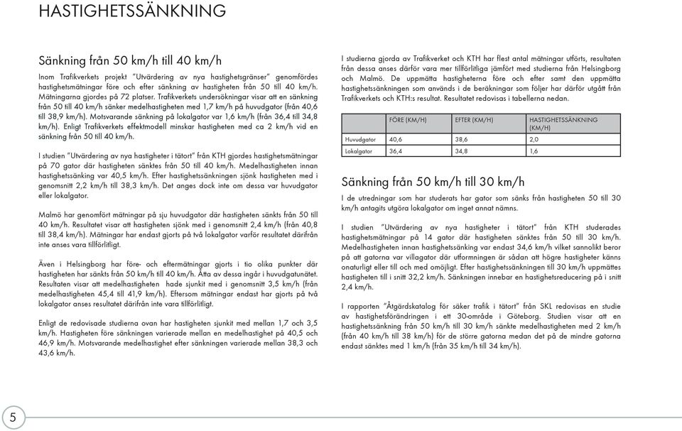Motsvarande sänkning på lokalgator var 1,6 km/h (från 36,4 till 34,8 km/h). Enligt Trafikverkets effektmodell minskar hastigheten med ca 2 km/h vid en sänkning från 50 till 40 km/h.