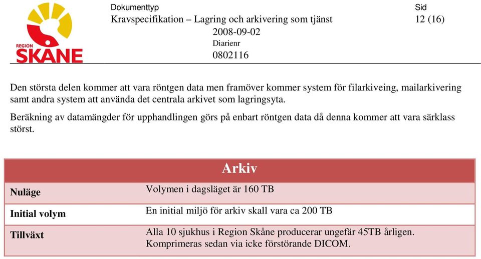 Beräkning av datamängder för upphandlingen görs på enbart röntgen data då denna kommer att vara särklass störst.