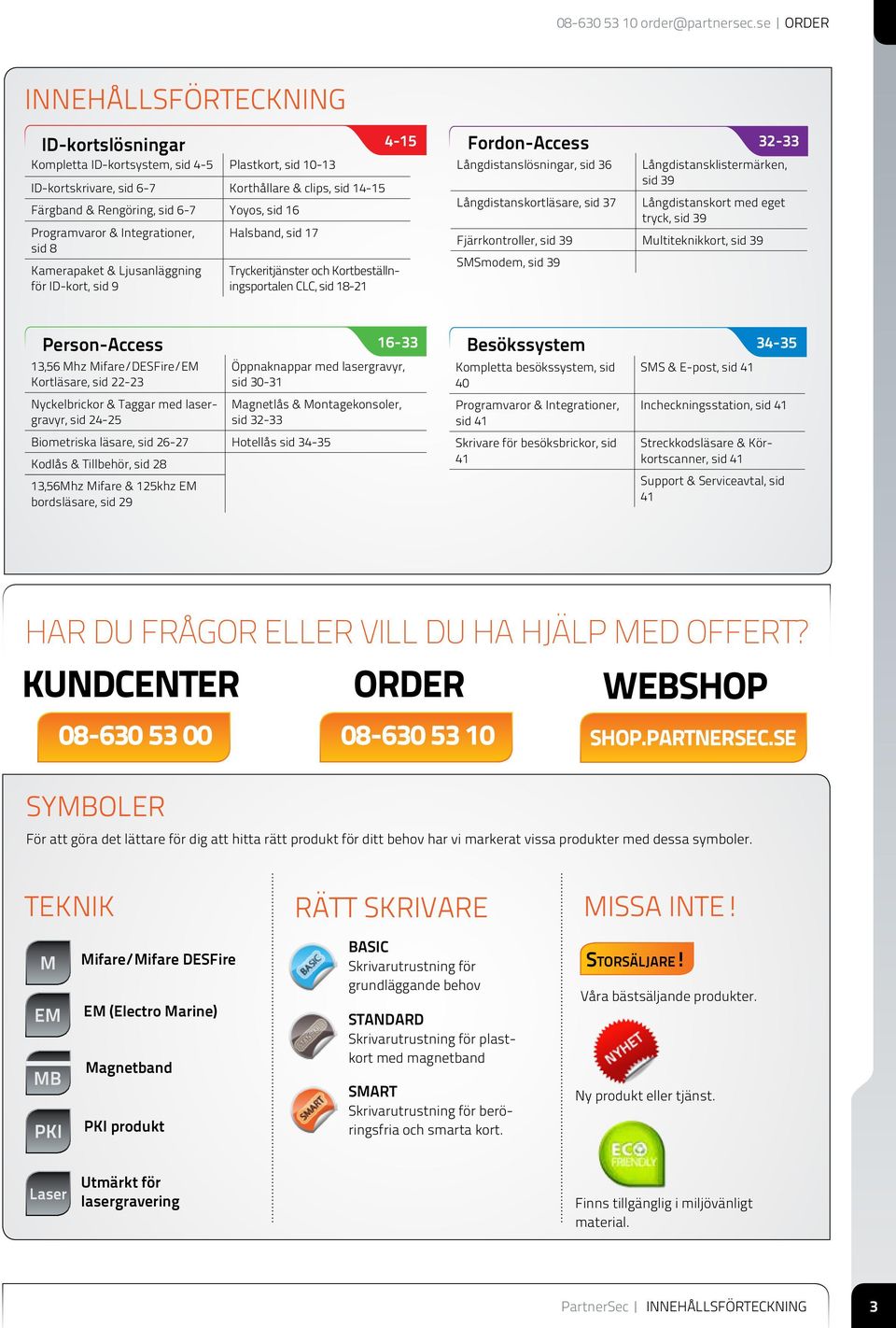 Programvaror & Integrationer, Halsband, sid 17 sid 8 Kamerapaket & Ljusanläggning för ID-kort, sid 9 Tryckeritjäner och Kortbeällningsportalen CLC, sid 18-21 4-15 Fordon-Access 32-33